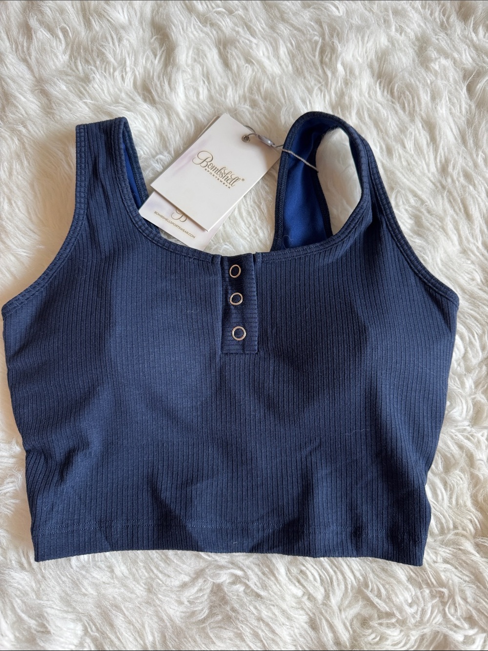 Bombshell Sportswear Navy Ribbed Snap-Front Crop Tank
